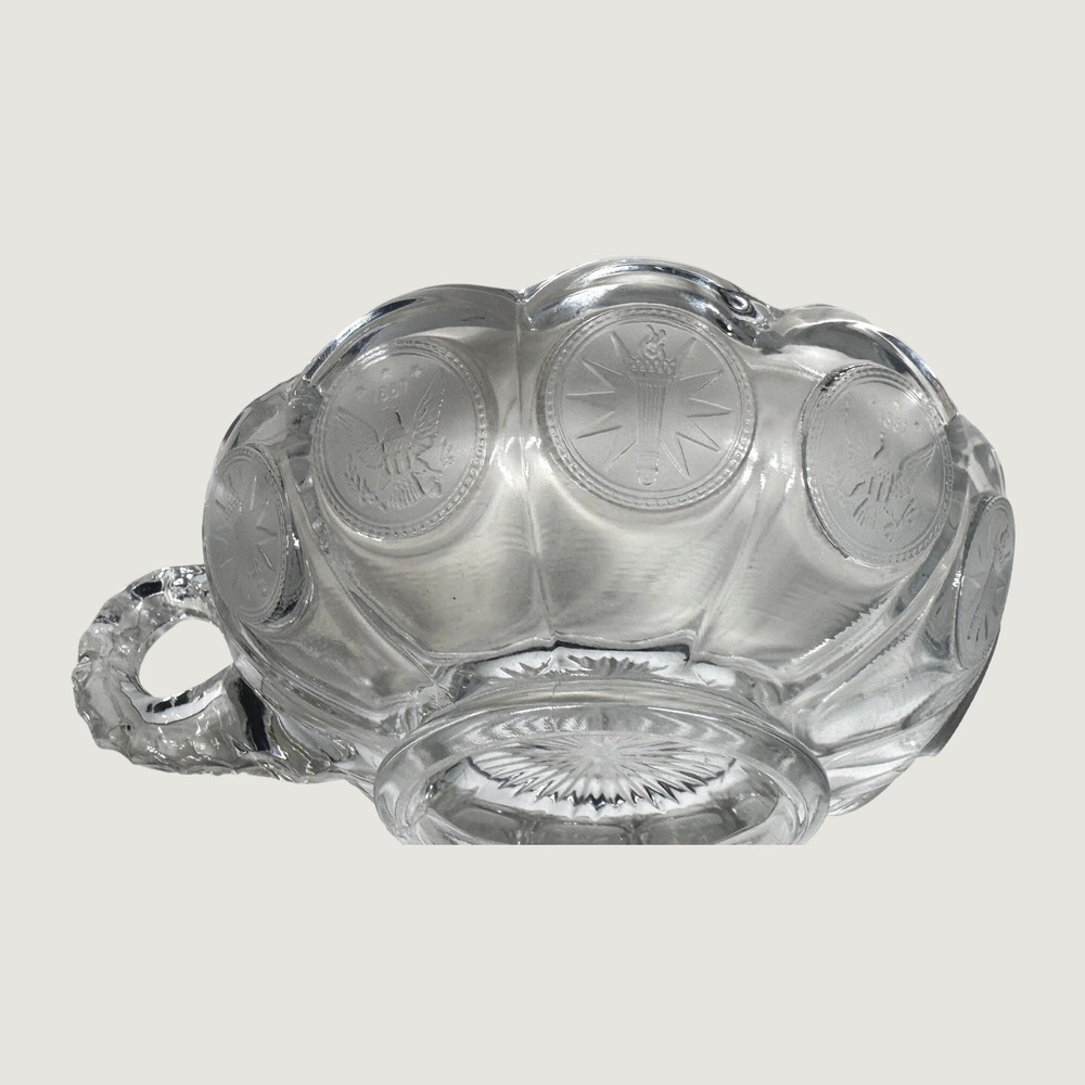 Fostoria American Coin Glass Clear Handled Nappy Bowl Eagle Torch 1887 Dated